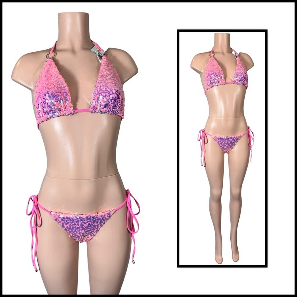 Beach Bunny Pink Icon DD Triangle Top & L Icon Tie Side Skimpy Bottom $250 - Picture 3 of 14